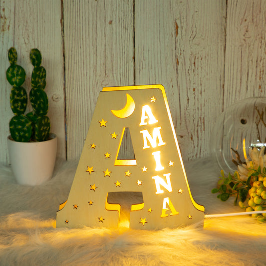 Personalized Letter Night Light Custom Name Moon and Star Family Wall Light