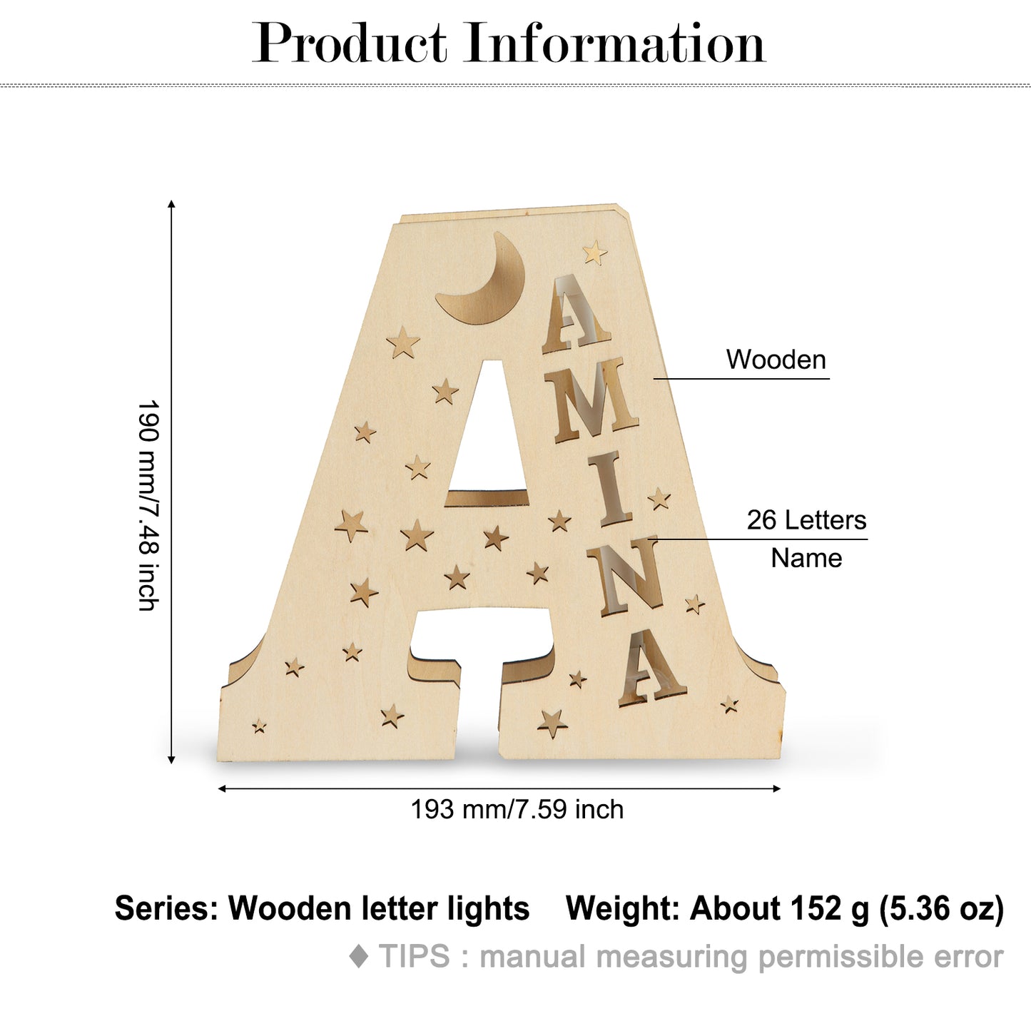 Personalized Letter Night Light Custom Name Moon and Star Family Wall Light